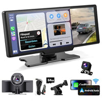 Double Din CarPlay Screen – 10" IPS HD Touch Display with 4K Front & 1080P Rear Camera