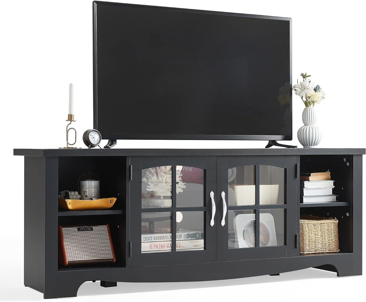 Farmhouse Wood TV Stand with Glass Doors and Storage