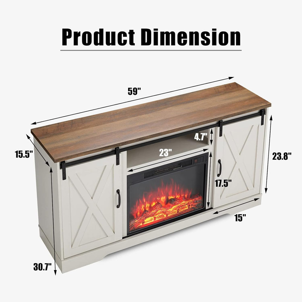 Farmhouse Fireplace TV Stand with Sliding Barn Doors and Storage