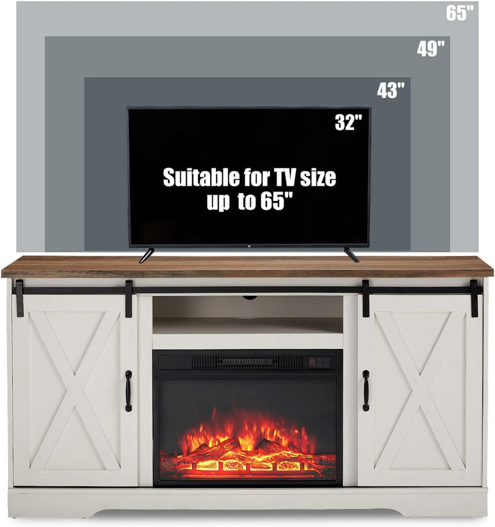 Farmhouse Fireplace TV Stand with Sliding Barn Doors and Storage