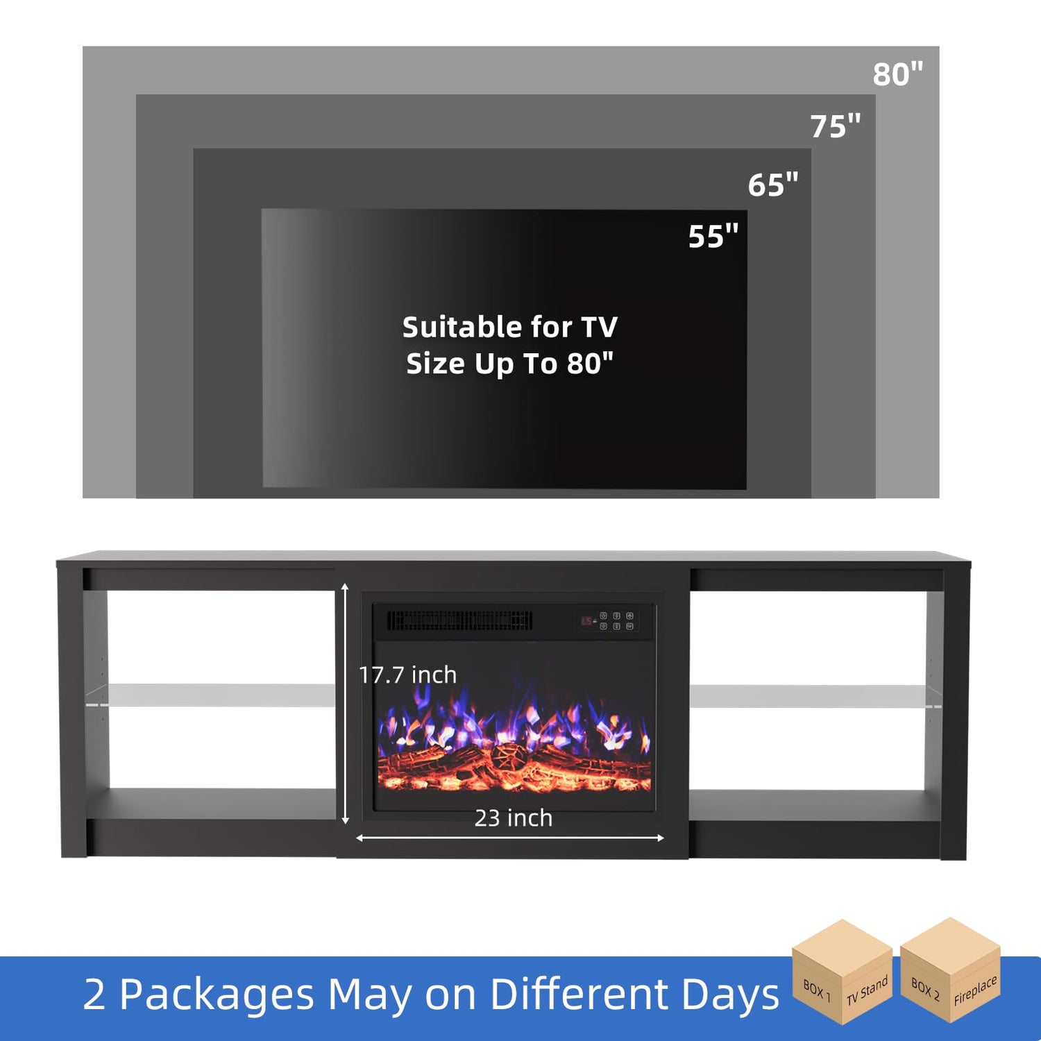 70 Inch Fireplace TV Stand with LED Lights and Glass Shelves