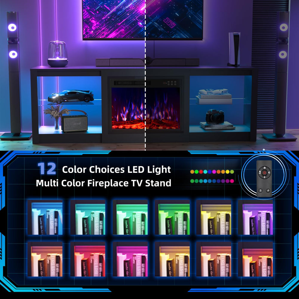 70 Inch Fireplace TV Stand with LED Lights and Glass Shelves