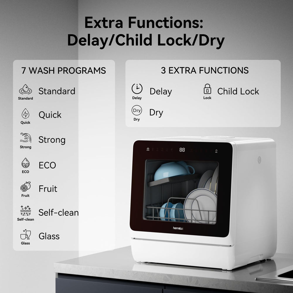 Hermitlux Portable Countertop Dishwasher with Built-in Water Tank