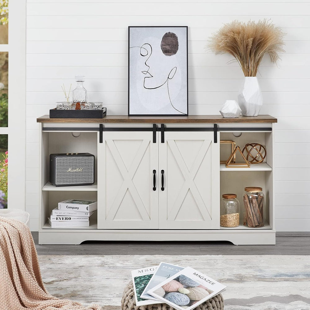 Farmhouse Fireplace TV Stand with Sliding Barn Doors and Storage