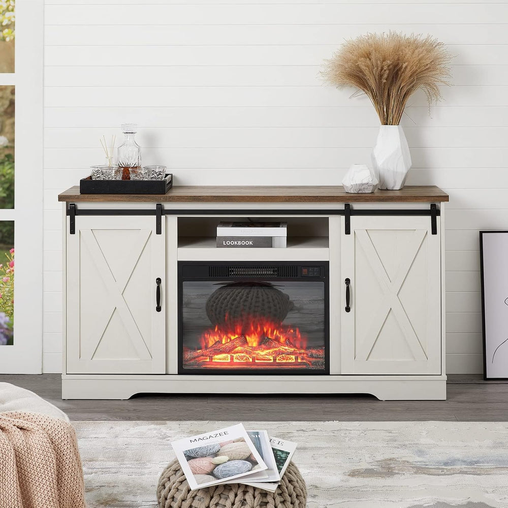 Farmhouse Fireplace TV Stand with Sliding Barn Doors and Storage