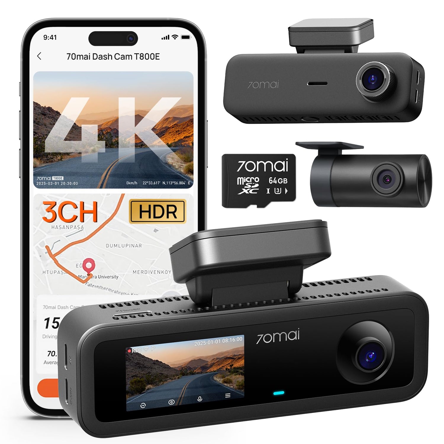 70mai 4K Dash Cam Front and Rear Inside (T800E)
