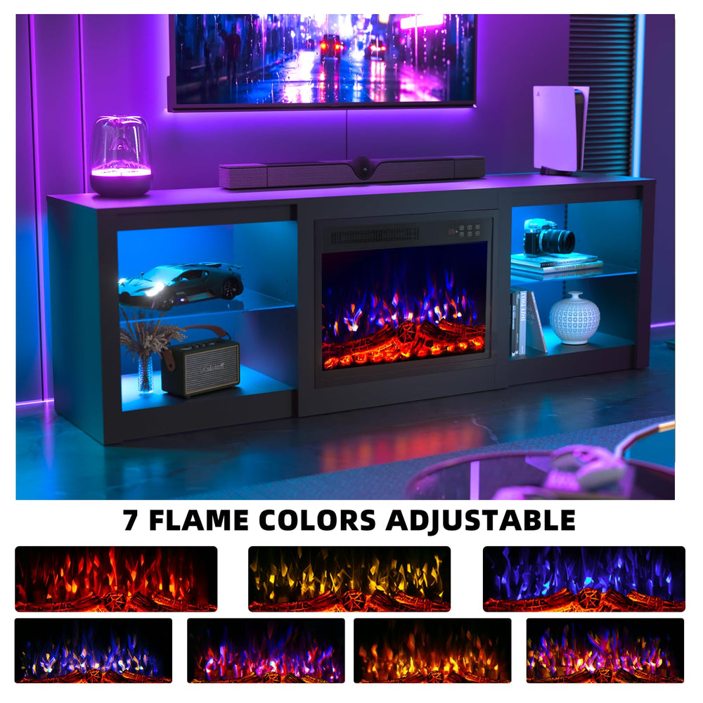 70 Inch Fireplace TV Stand with LED Lights and Glass Shelves