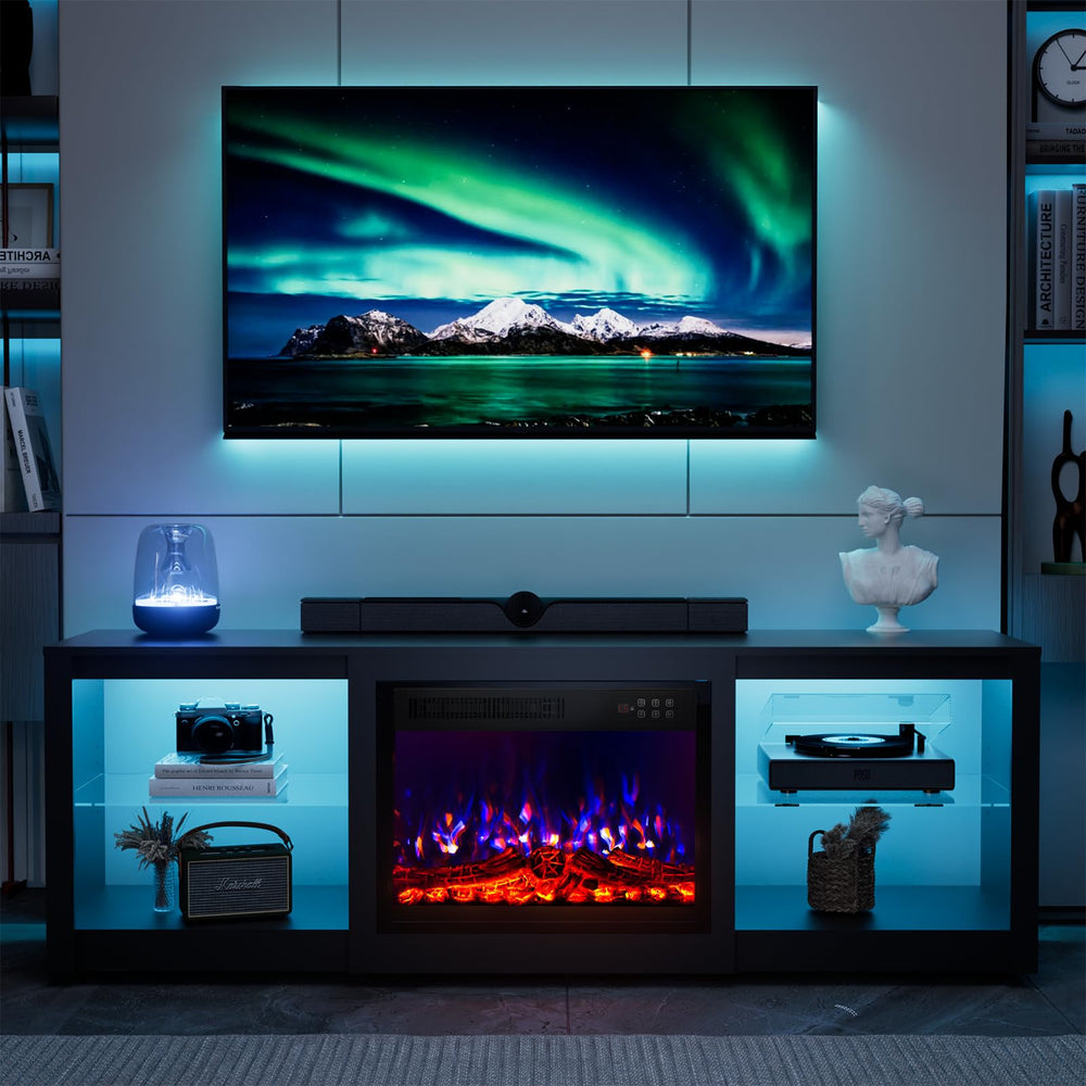 70 Inch Fireplace TV Stand with LED Lights and Glass Shelves