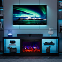 70 Inch Fireplace TV Stand with LED Lights and Glass Shelves