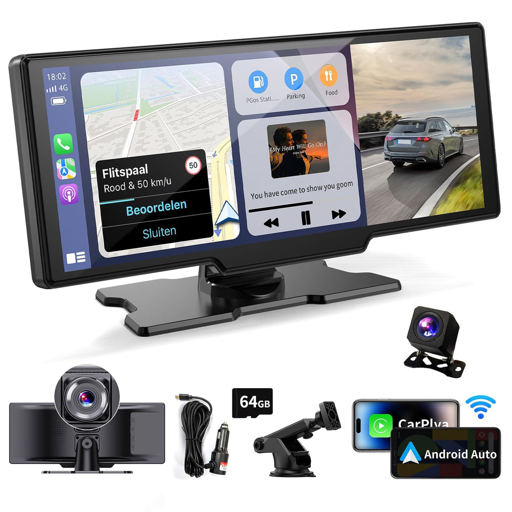 Double Din CarPlay Screen – 10" IPS HD Touch Display with 4K Front & 1080P Rear Camera