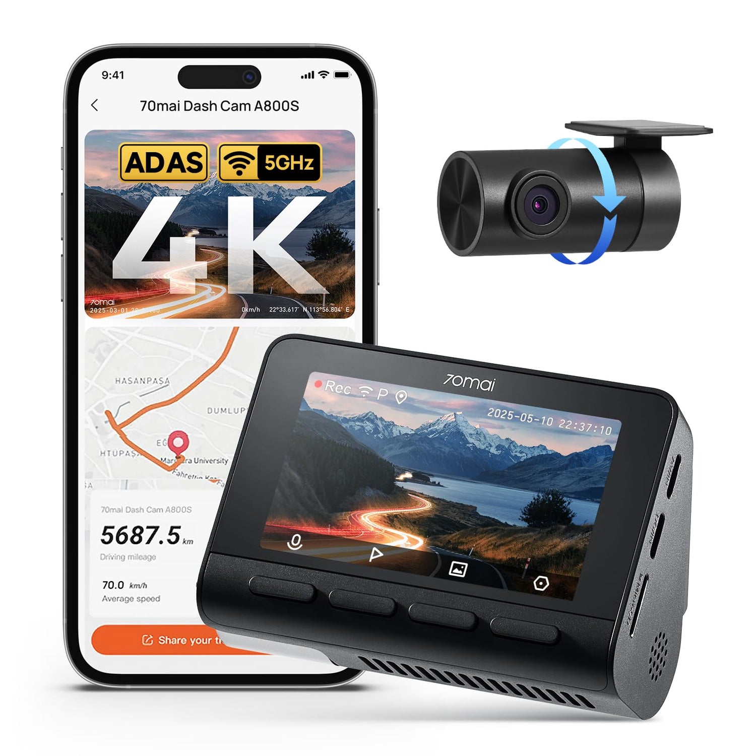 70mai 4K Dual Dash Cam with GPS, WiFi 6, ADAS and 24H Parking Mode