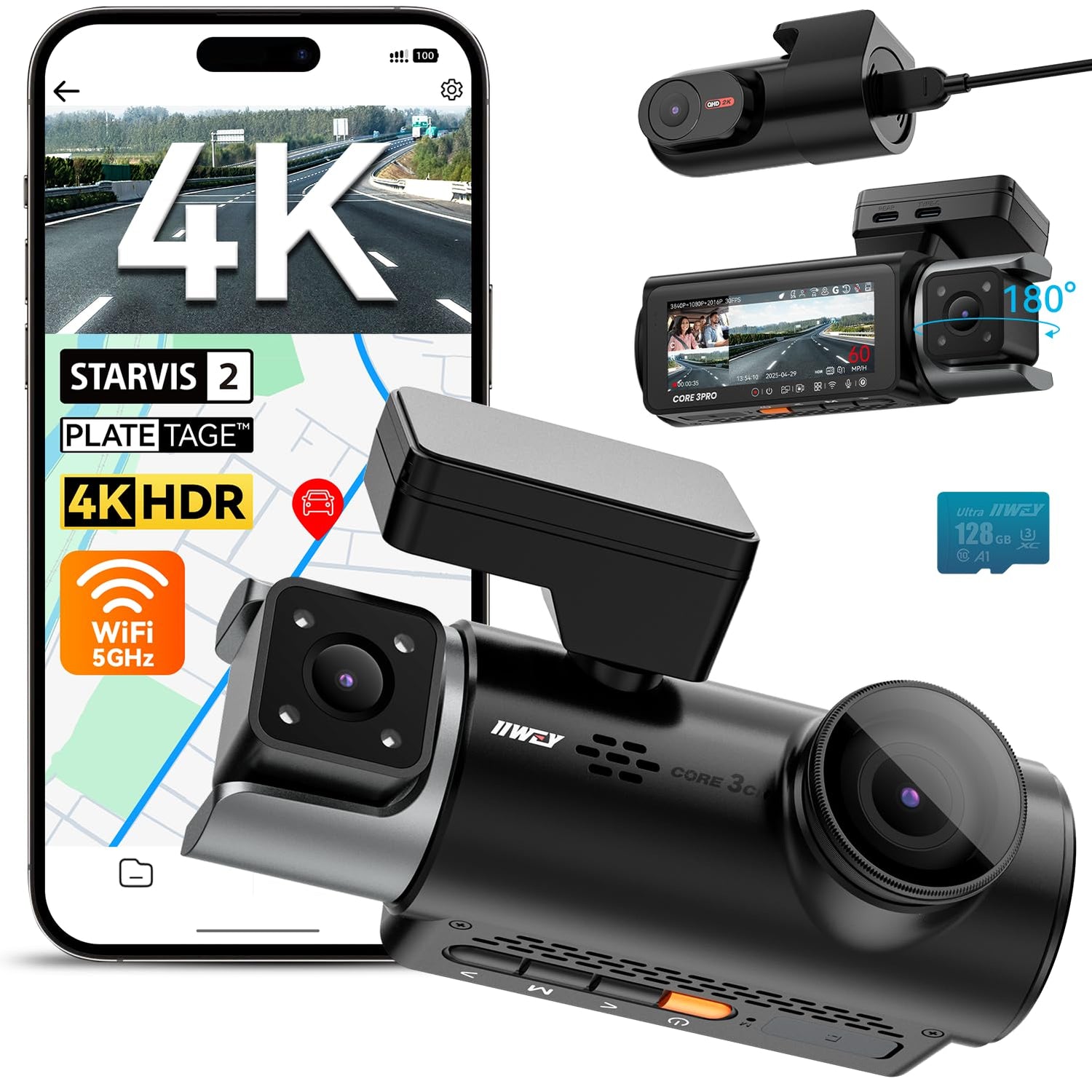 IIWEY 4 Channel 360° Dash Cam with STARVIS 2, 5GHz WiFi & 128GB Card
