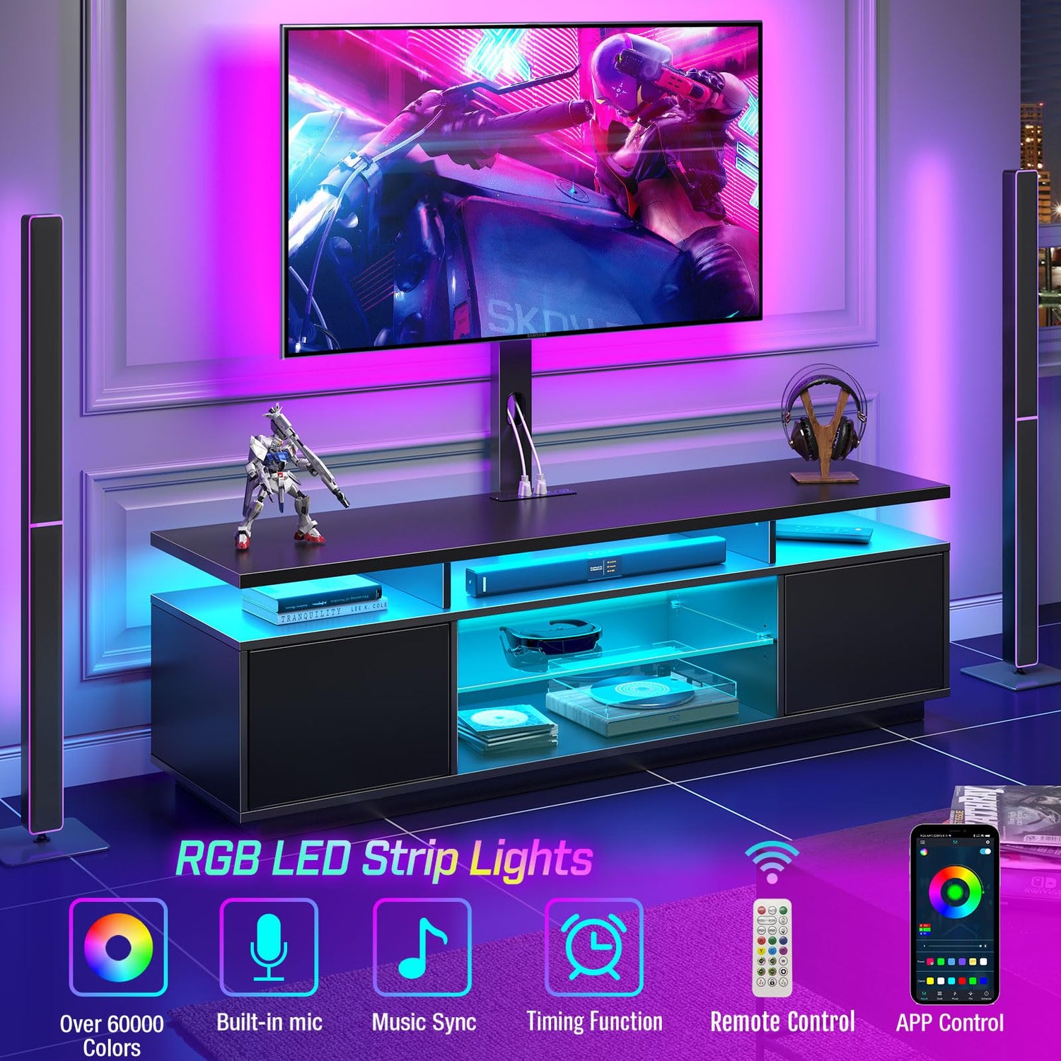LED TV Stand with Mount Power Outlet and Storage