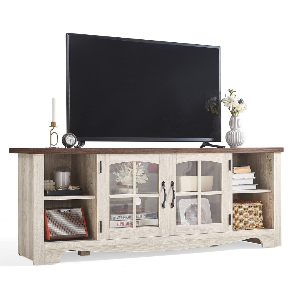 Farmhouse Wood TV Stand with Glass Doors and Storage