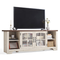 Farmhouse Wood TV Stand with Glass Doors and Storage