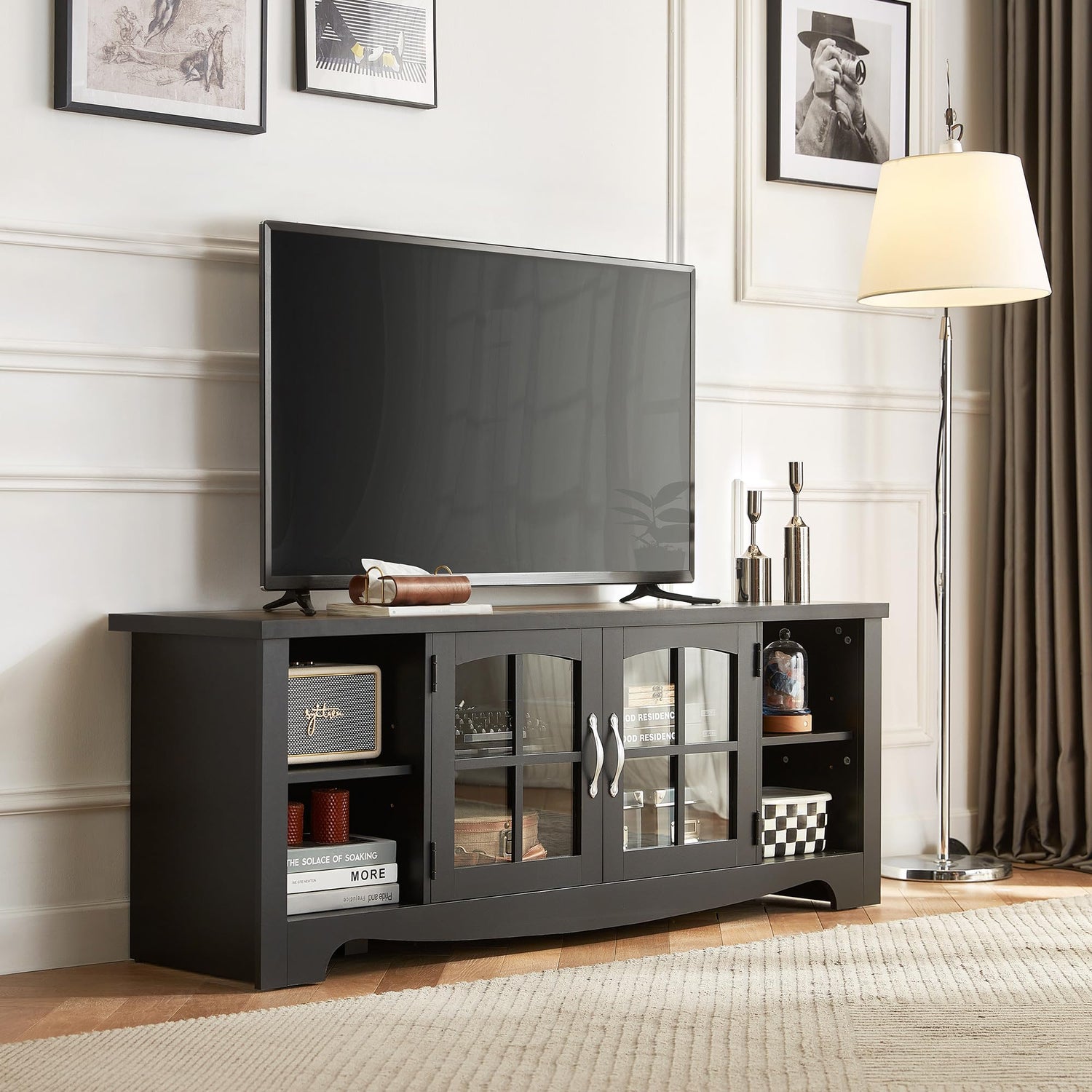 Farmhouse Wood TV Stand with Glass Doors and Storage