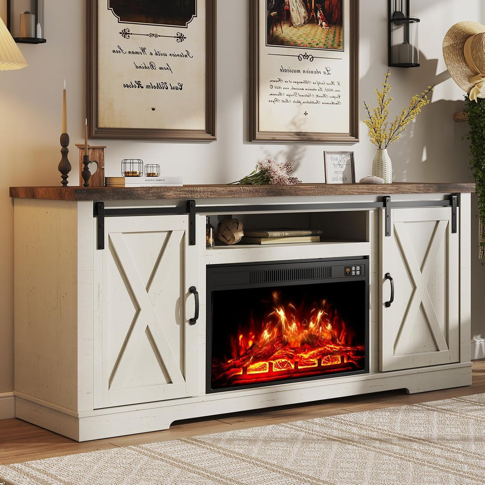 Farmhouse Fireplace TV Stand with Sliding Barn Doors and Storage