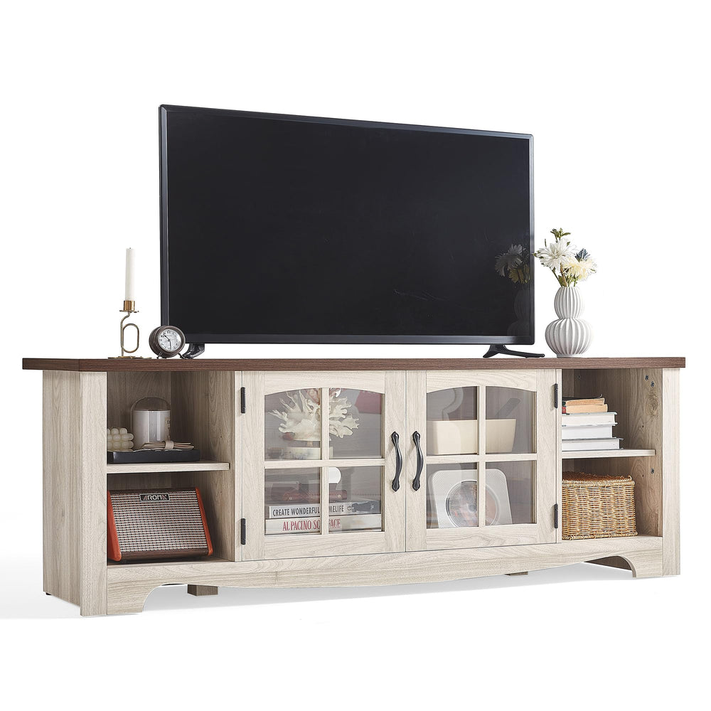 Farmhouse Wood TV Stand with Glass Doors and Storage