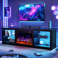 70 Inch Fireplace TV Stand with LED Lights and Glass Shelves