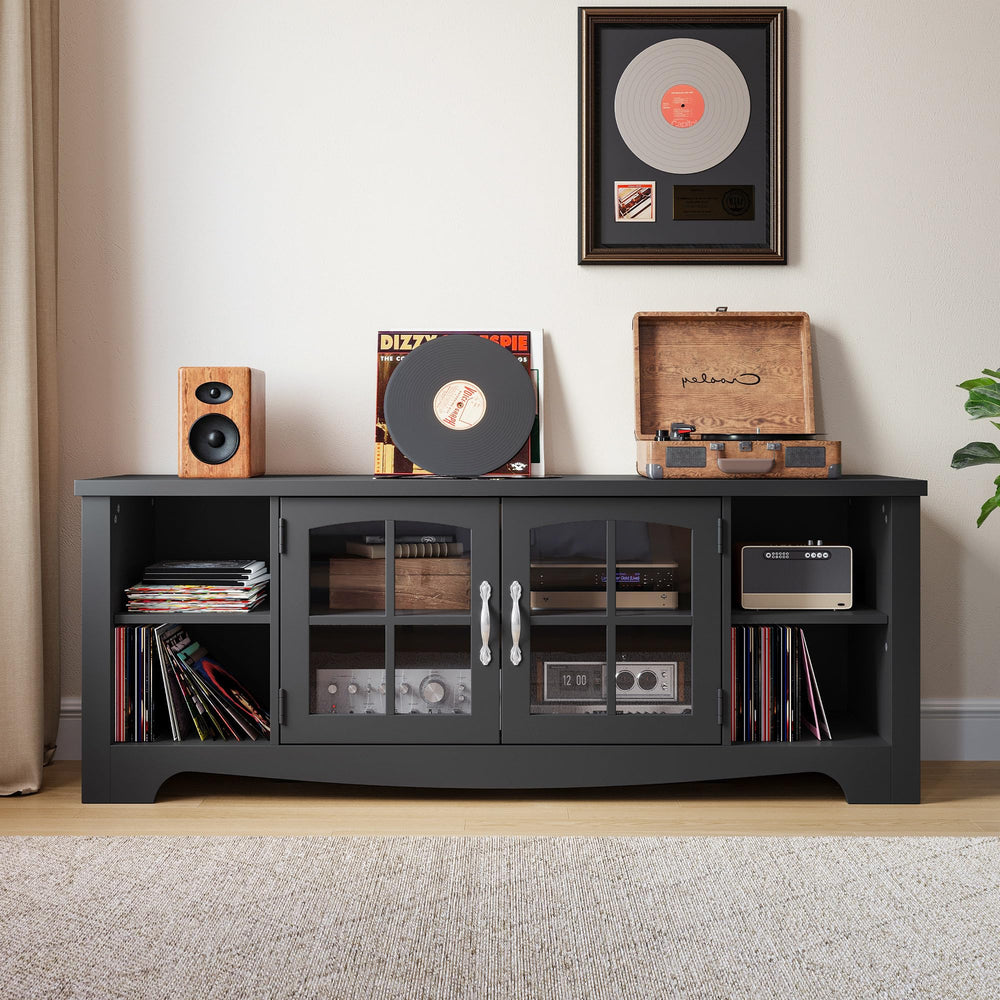 Farmhouse Wood TV Stand with Glass Doors and Storage