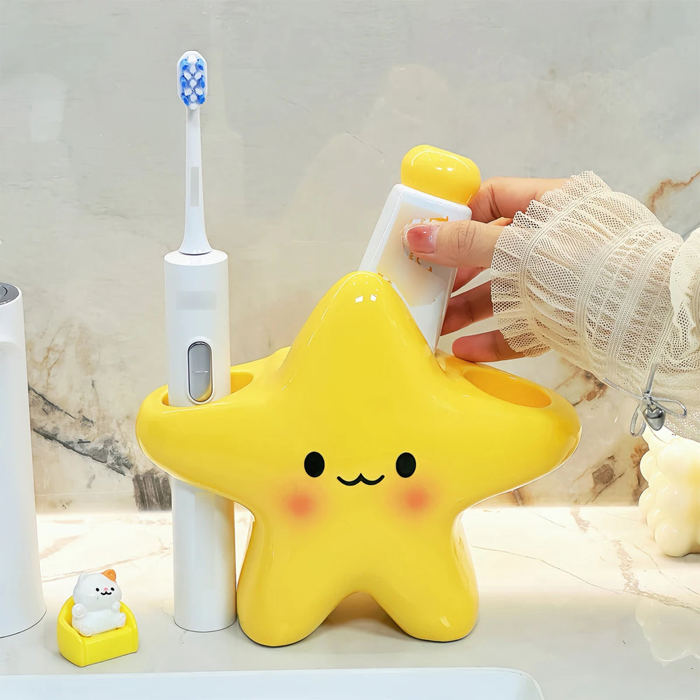 Cute Star Shaped Toothbrush Holder – Freestanding Bathroom Organizer for Toothbrush & Toothpaste | Space Saving Sink Storage