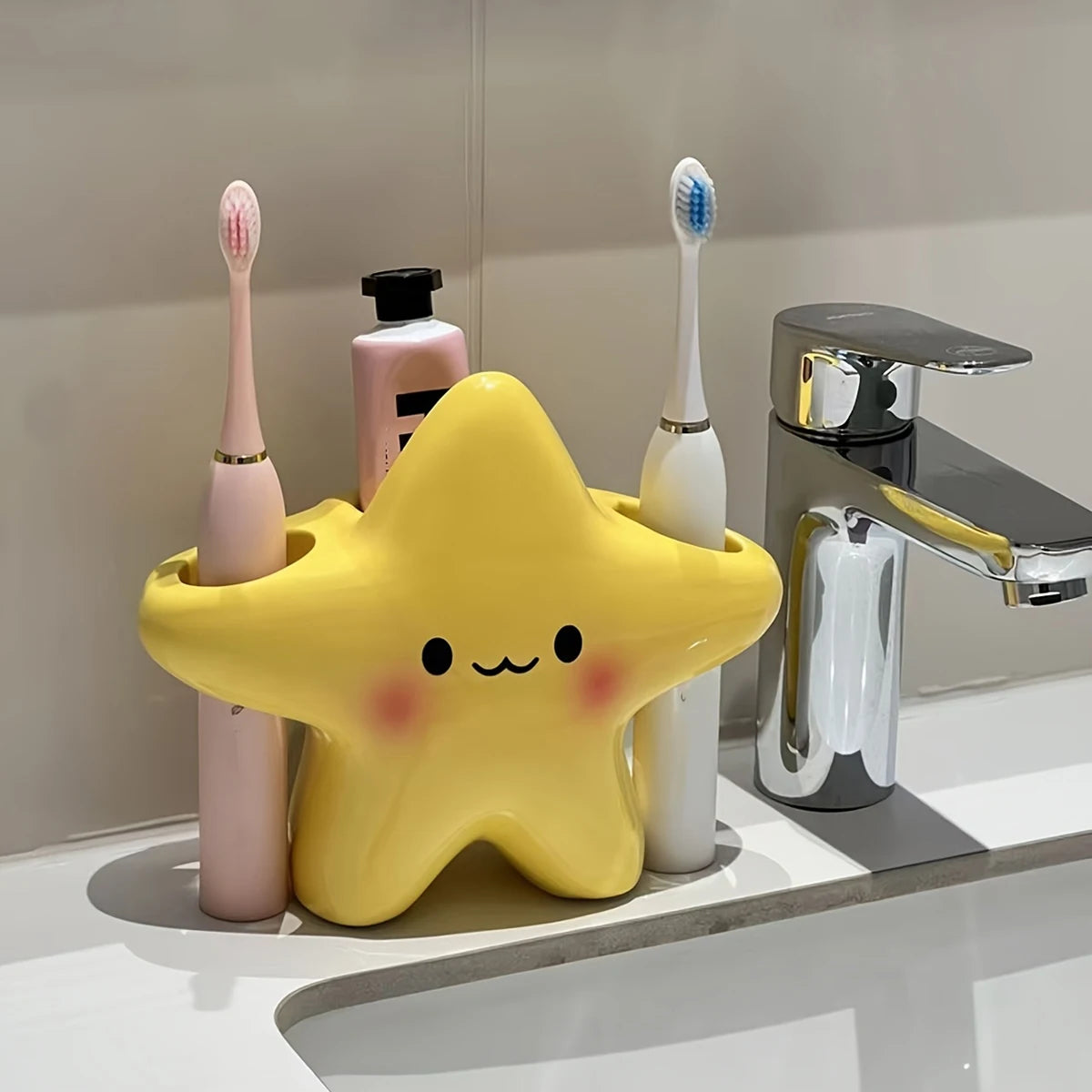 Cute Star Shaped Toothbrush Holder – Freestanding Bathroom Organizer for Toothbrush & Toothpaste | Space Saving Sink Storage